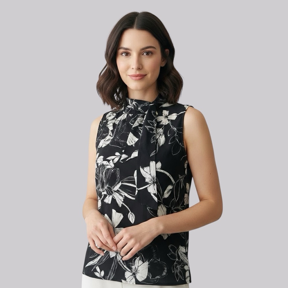 NEW Black/White Floral Sleeveless Pearl Detail Blouse